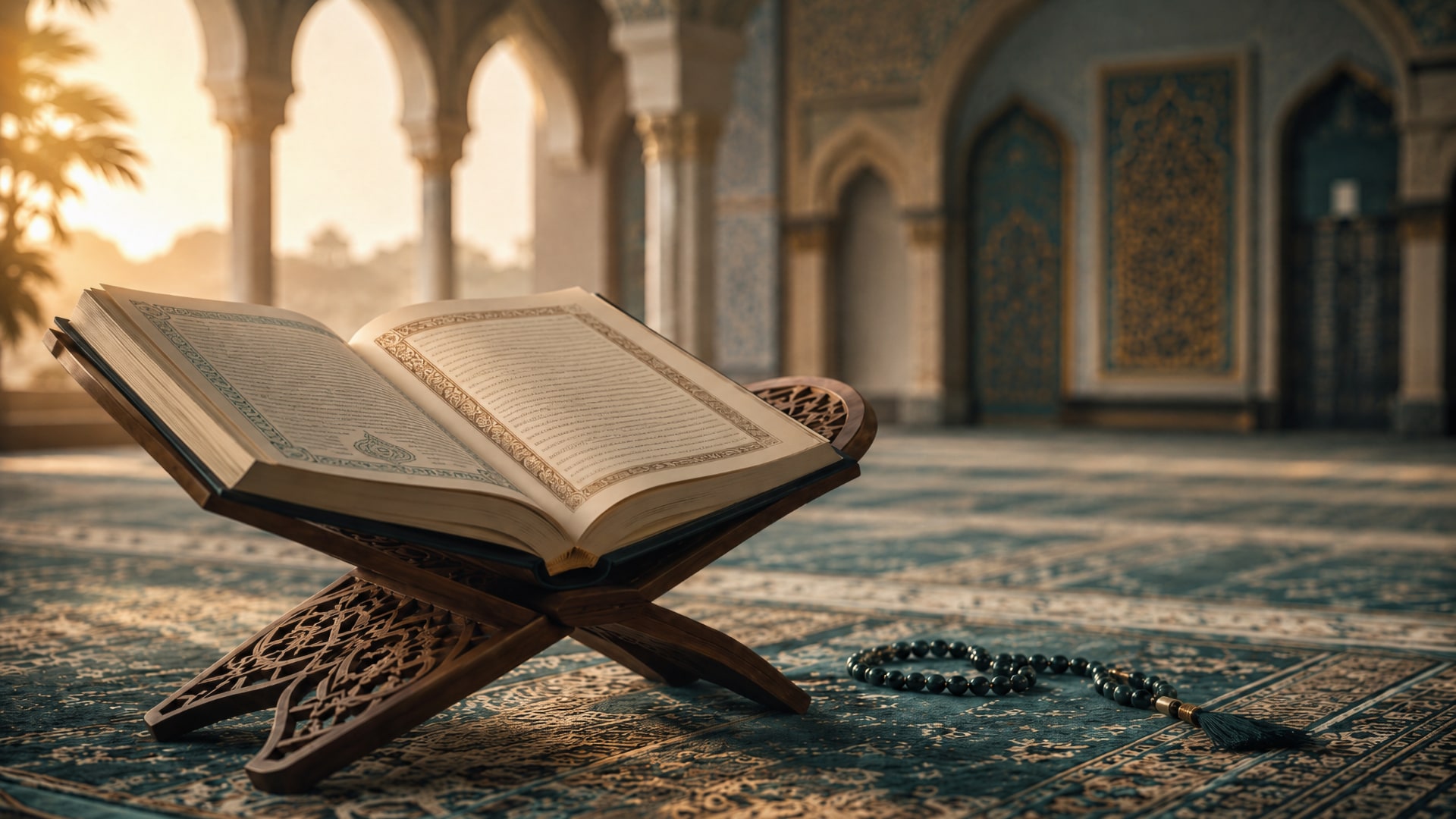 Открытая книга о сире рядом с чётками и мягким светом в мечети без людей