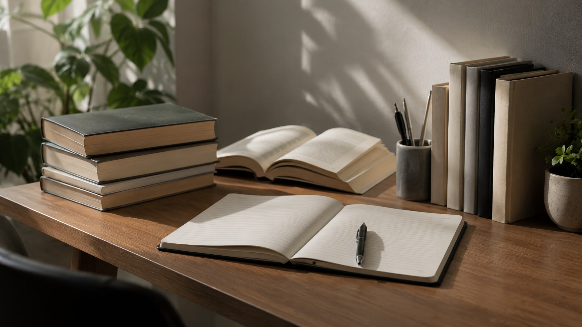 Нейтральные книги, блокнот и ручка на столе при мягком дневном свете