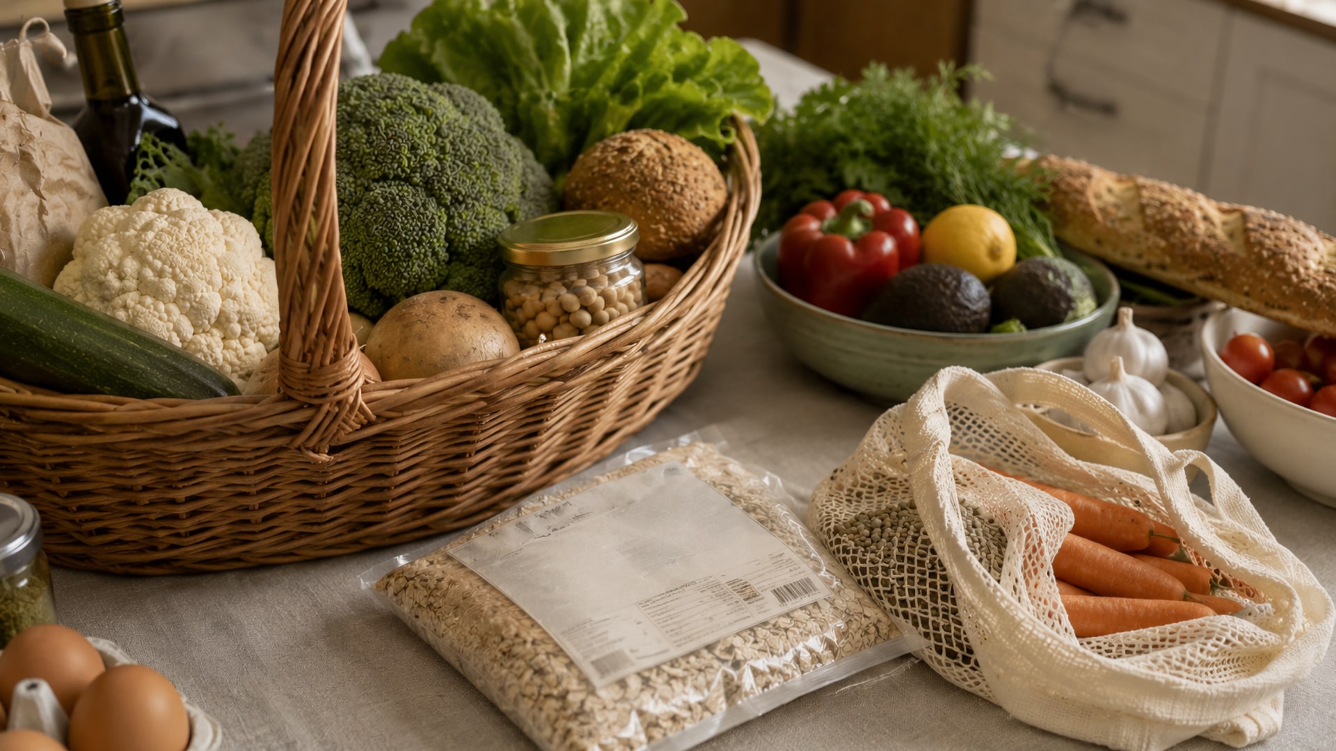 Нейтральная продуктовая корзина с обычными продуктами и упаковкой, лежащей составом вверх.
