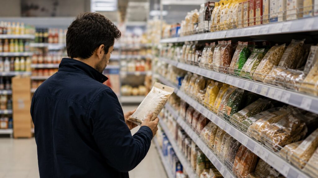 Покупатель в продуктовом магазине рассматривает состав на упаковке без видимых брендов