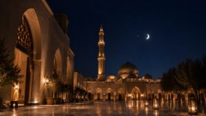 Тихая мечеть ночью в последние десять ночей Рамадана