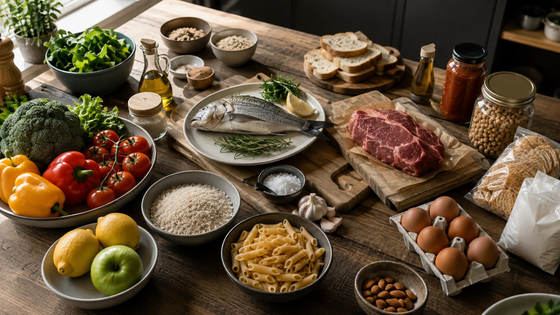 Разные продукты на кухонном столе перед приготовлением пищи