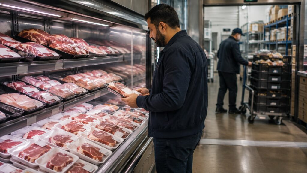 Упакованное мясо проходит через современную цепочку поставки в магазине