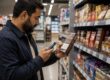 Покупатель изучает состав нескольких продуктов в супермаркете
