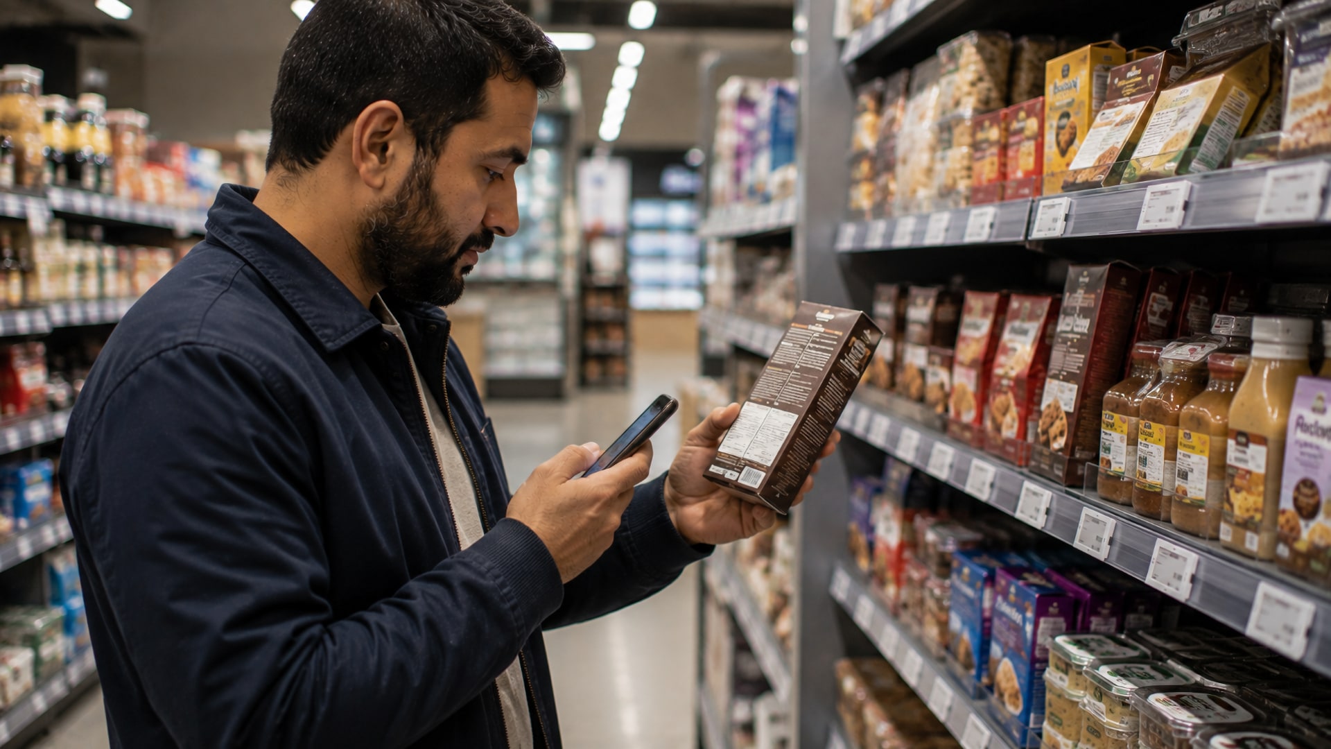 Покупатель изучает состав нескольких продуктов в супермаркете