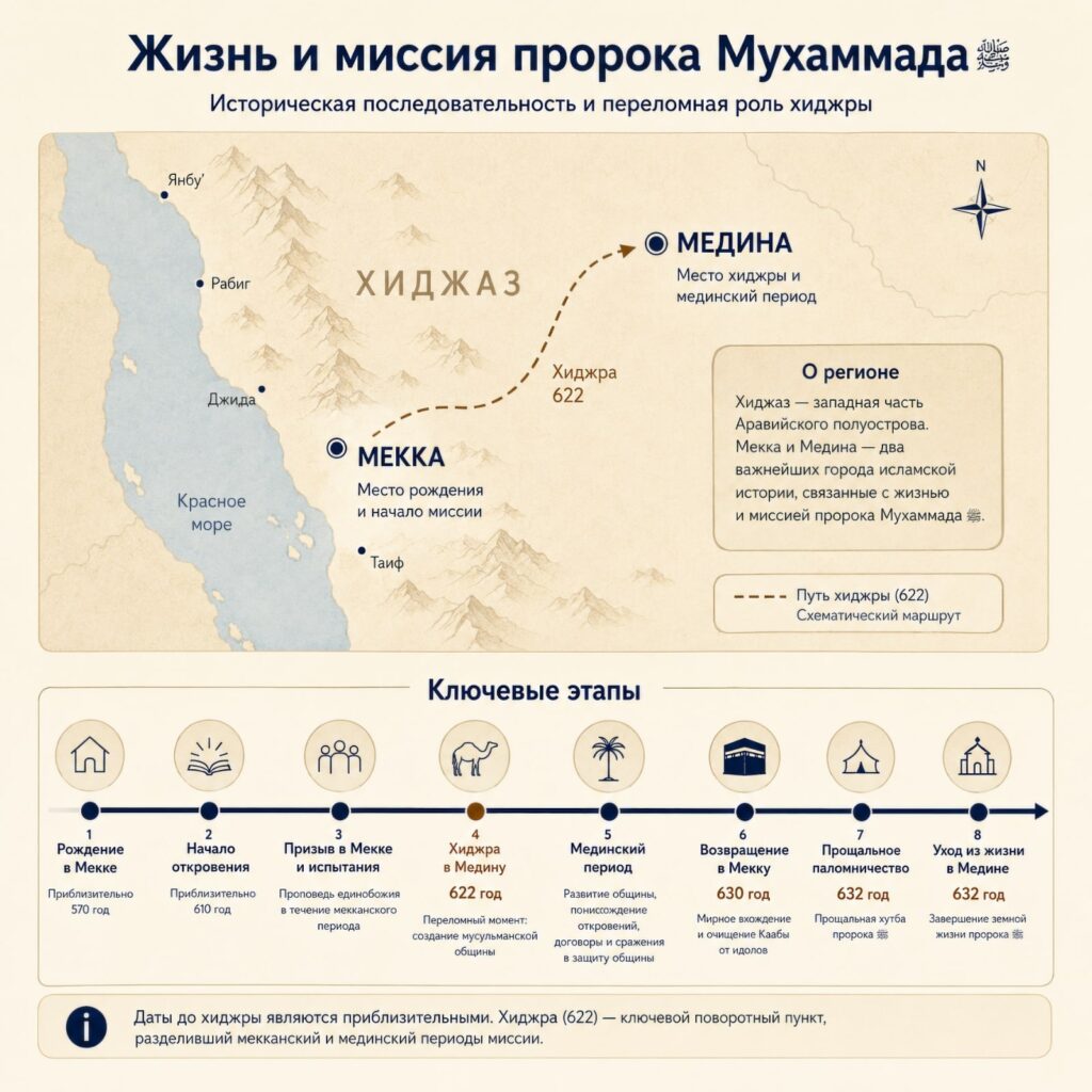 Карта и хронология ключевых этапов жизни пророка Мухаммада ﷺ от Мекки через хиджру в Медину до завершения миссии