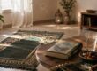 Молитвенный коврик, закрытый Коран, финики и вода на столе в естественном свете