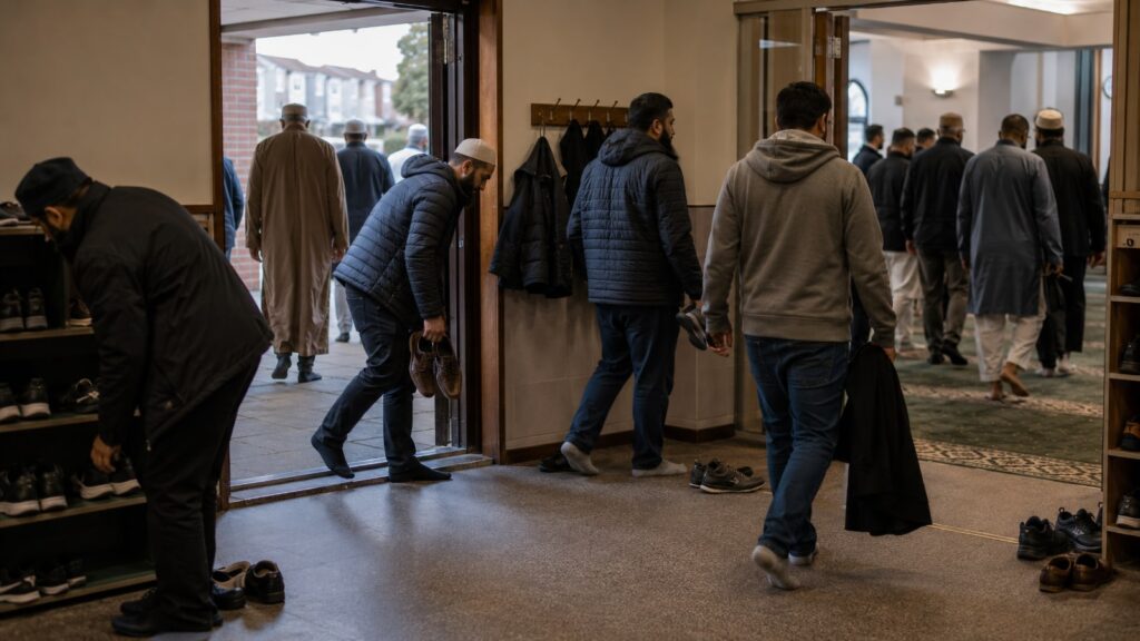 Верующие собираются у входа в мечеть к назначенному времени коллективной молитвы