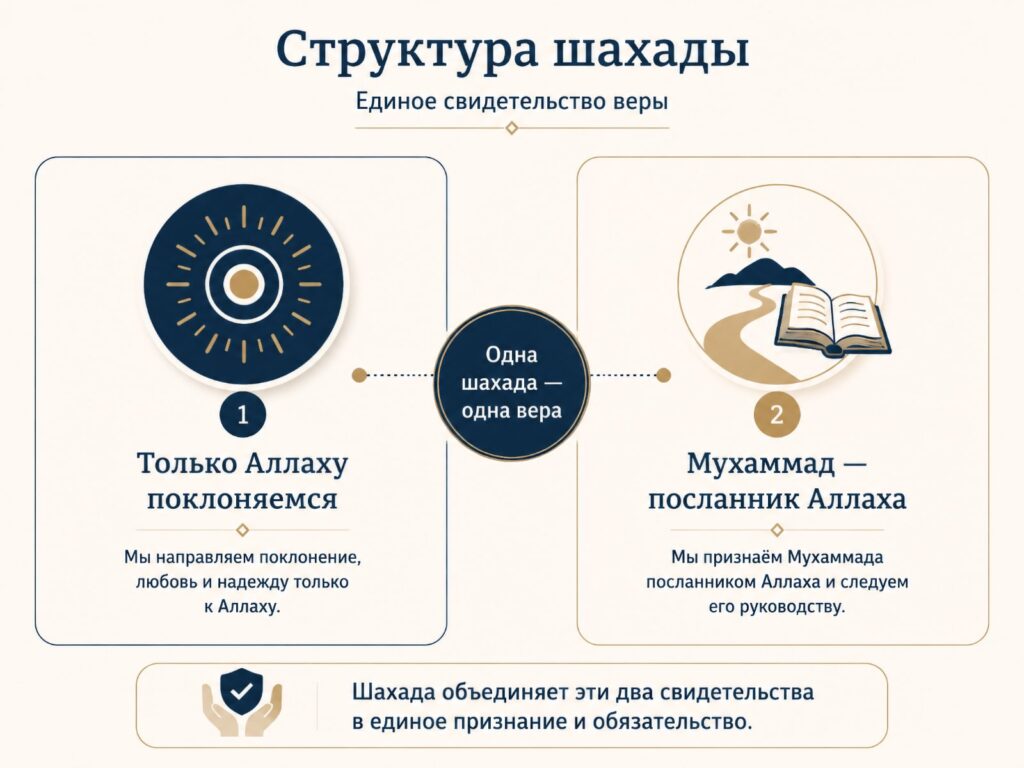 Схема из двух связанных частей шахады, показывающая свидетельство об Аллахе и признание Посланника