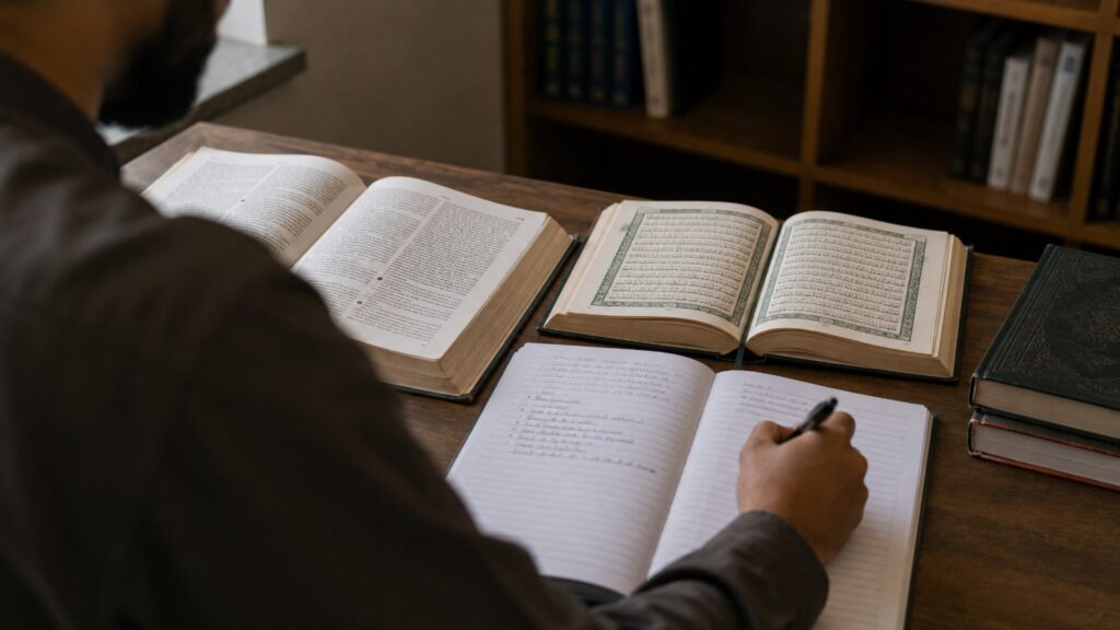 Читатель сравнивает открытый Коран и справочную книгу, делая заметку в тетради за деревянным столом