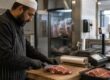 Мясник подготавливает мясо в чистом рабочем помещении