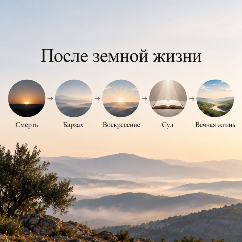 Схема основных этапов после смерти в исламе: смерть, барзах, воскресение, Суд и окончательная жизнь
