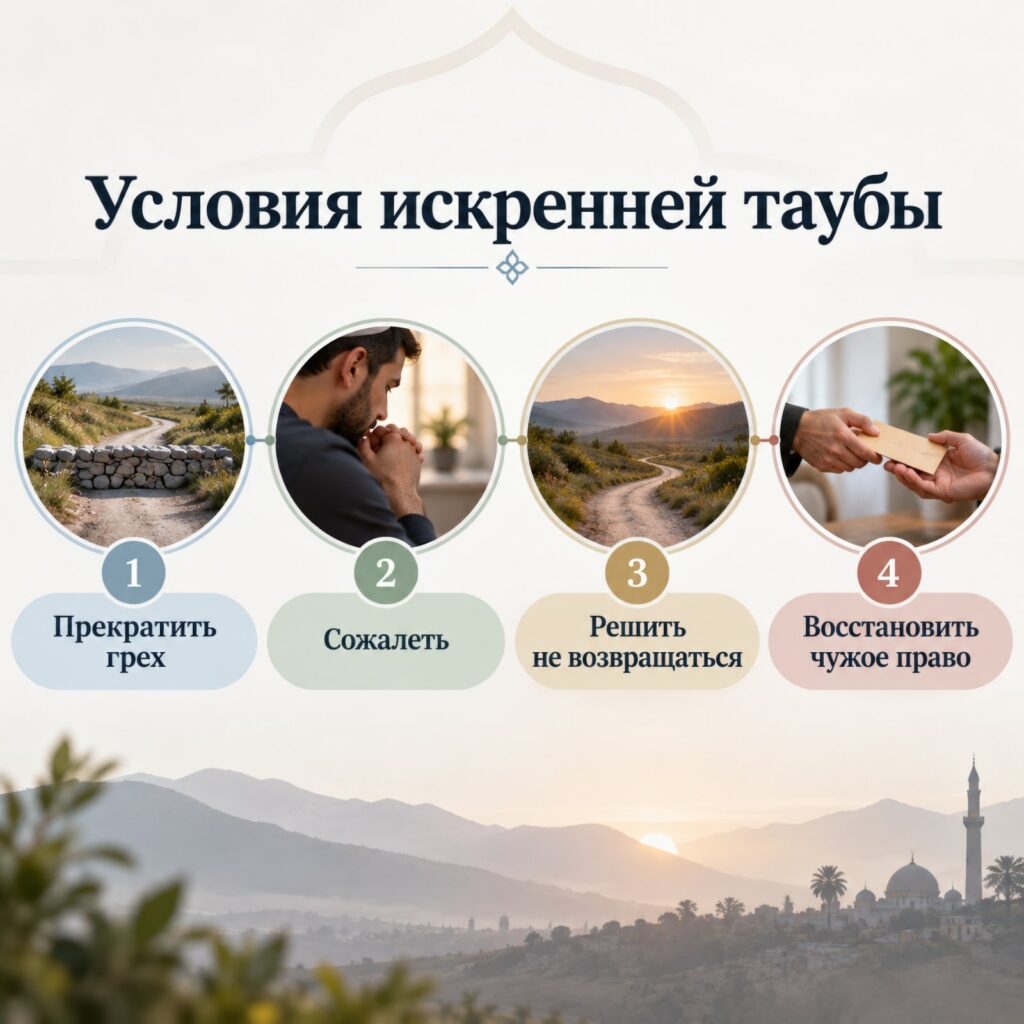 Инфографика с четырьмя условиями искренней таубы: прекратить грех, сожалеть, решить не возвращаться и восстановить чужое право